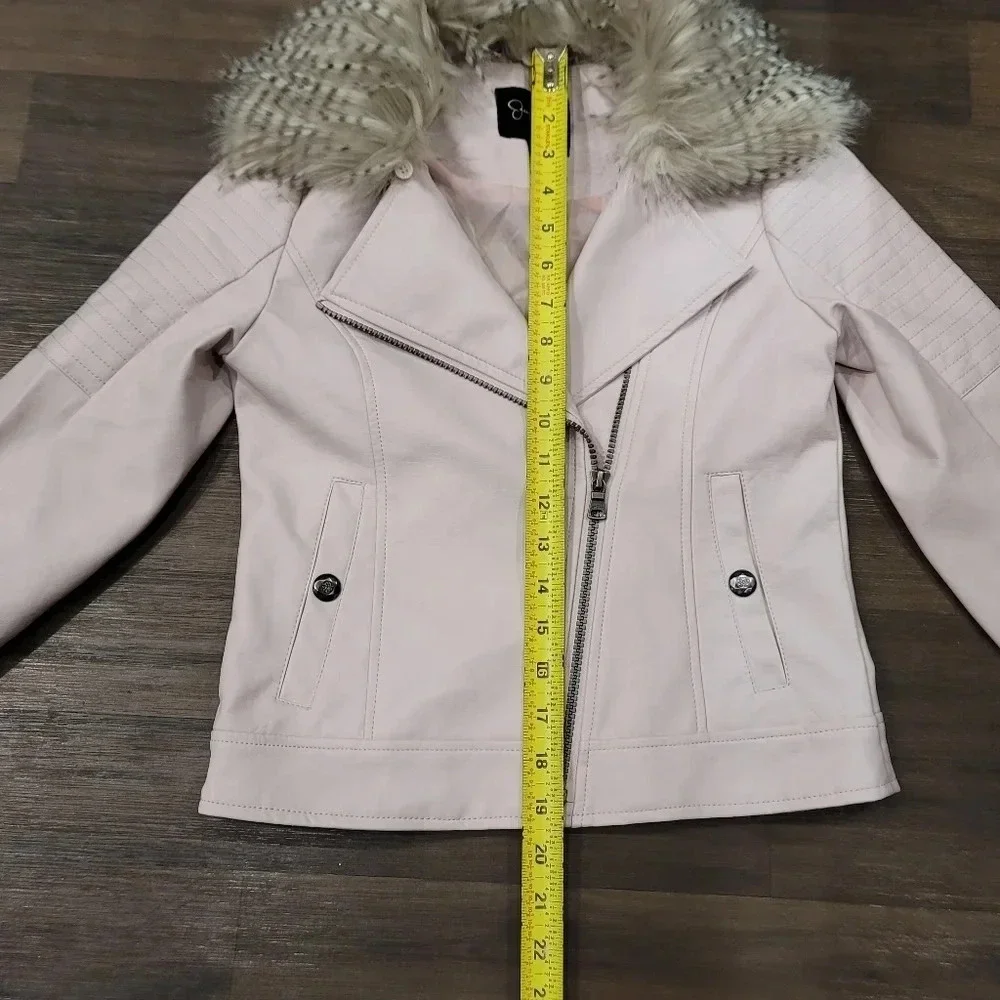Jessica Simpson Pink Girls Tween Faux Leather Moto Jacket Removable Hood M 10-12